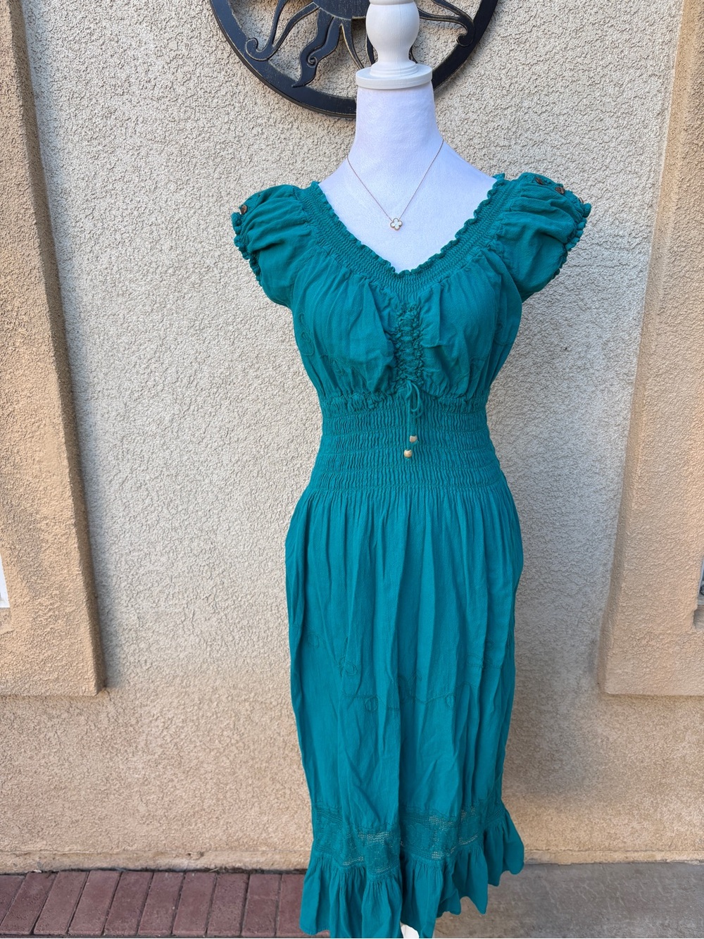 Teal Bohemian Cottagecore Smocked Waist Peasant Maxi Dress Ruffle Hem